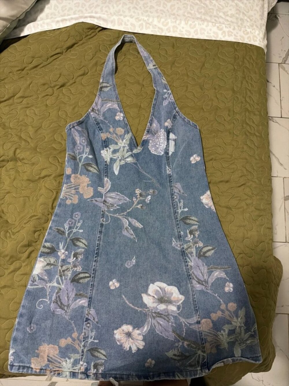 Women's Blue Floral Denim Halter Mini Dress – Size M / US 8-10